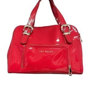 TED BAKER Purse Red Patent Bag Pockets Zip Gold Tone Hardware Satchel